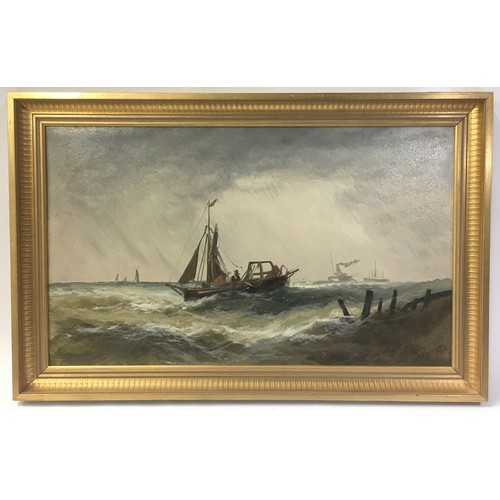 26 - Gilt framed oil on board painting of a boat on rough seas 57x37cm.