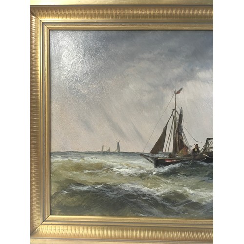 26 - Gilt framed oil on board painting of a boat on rough seas 57x37cm.