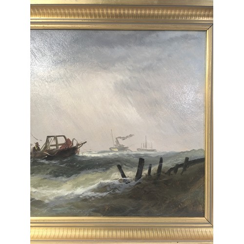 26 - Gilt framed oil on board painting of a boat on rough seas 57x37cm.