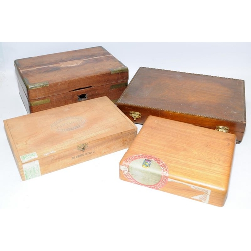 76 - An antique brass bound wooden box c/w three cigar boxes, one containing used aluminium cigar tubes