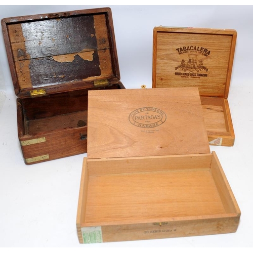 76 - An antique brass bound wooden box c/w three cigar boxes, one containing used aluminium cigar tubes