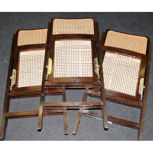 528 - Three vintage wood and rattan slim folding chairs in good order. Seat height 45cms