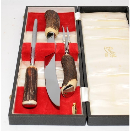 515 - George Butler of Sheffield.3 piece carving set with stag horn handles presented in original box