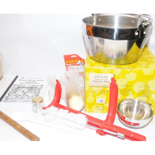 81 - A quantity of jam making equipment to include a boxed stainless steel Maslin pan and a vintage therm... 