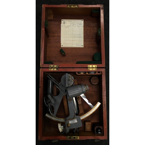 122 - Admiralty Naval Compass Sextant in original wooden case with certificate of serviceability.