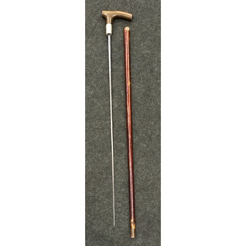 298 - Antique sword stick with silver collar and horn handle inscribed 