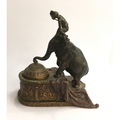 154 - Bergman cold painted bronze elephant inkwell. Approx 17cms high, 15cms length, 12cms wide.