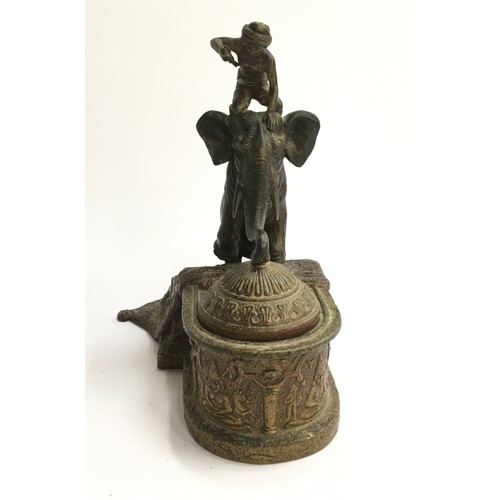 154 - Bergman cold painted bronze elephant inkwell. Approx 17cms high, 15cms length, 12cms wide.