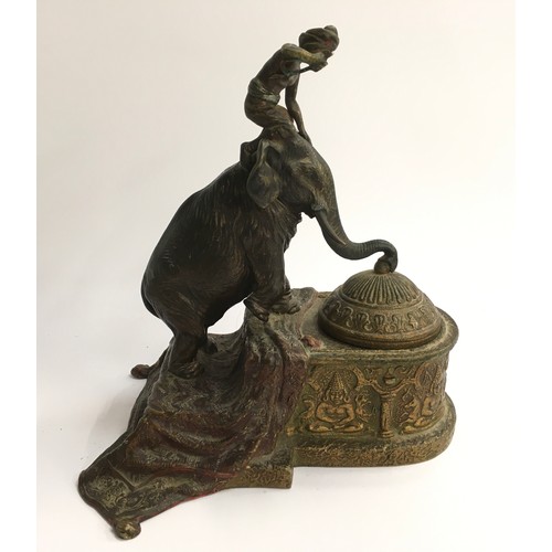 154 - Bergman cold painted bronze elephant inkwell. Approx 17cms high, 15cms length, 12cms wide.