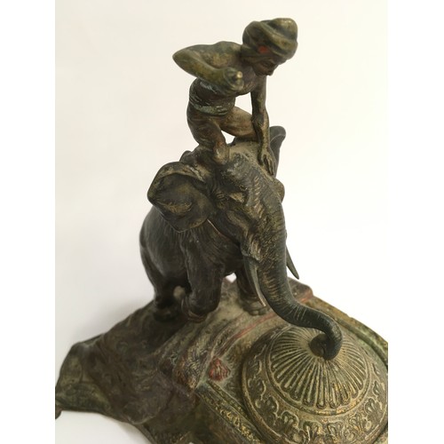 154 - Bergman cold painted bronze elephant inkwell. Approx 17cms high, 15cms length, 12cms wide.