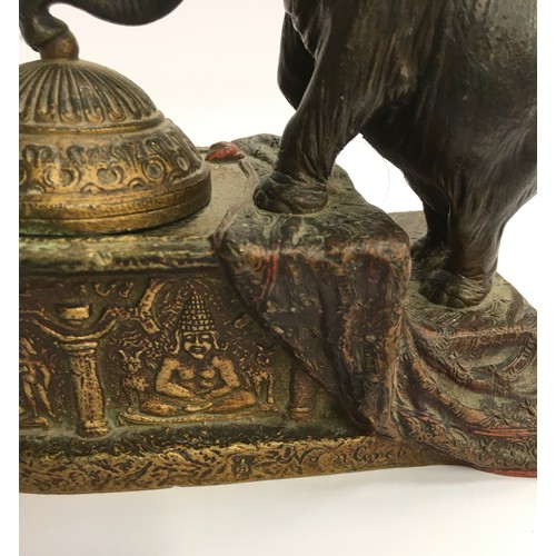 154 - Bergman cold painted bronze elephant inkwell. Approx 17cms high, 15cms length, 12cms wide.