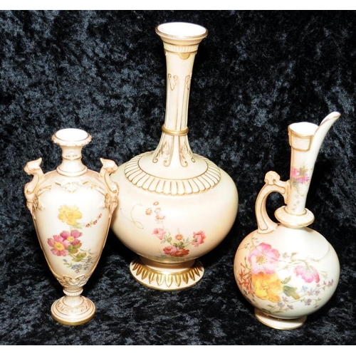 38 - Three pieces of antique Royal Worcester gilded blush ivory to include a tall necked water jug, a twi... 