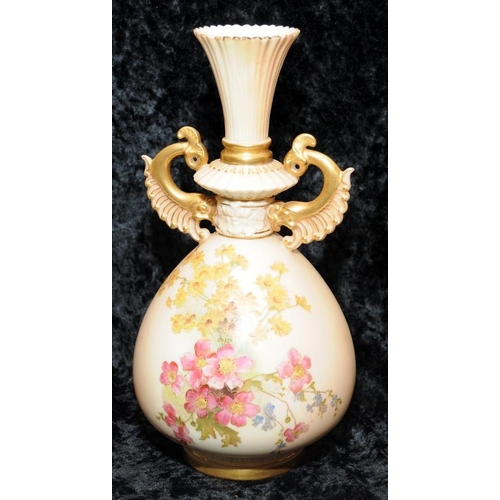 41 - Antique Royal Worcester gilded blush ivory twin handled vase with floral decoration No.1327. 25cms t... 