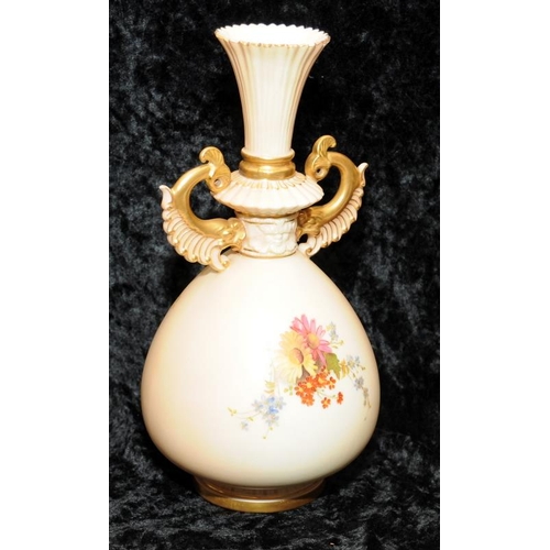 41 - Antique Royal Worcester gilded blush ivory twin handled vase with floral decoration No.1327. 25cms t... 