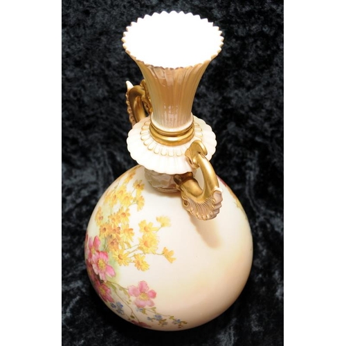 41 - Antique Royal Worcester gilded blush ivory twin handled vase with floral decoration No.1327. 25cms t... 