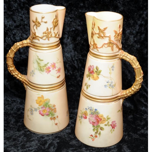 42 - Pair of antique Royal Worcester gilded blush ivory Japanese inspired water jugs with hand painted de... 