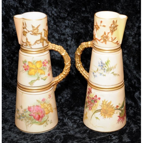 42 - Pair of antique Royal Worcester gilded blush ivory Japanese inspired water jugs with hand painted de... 