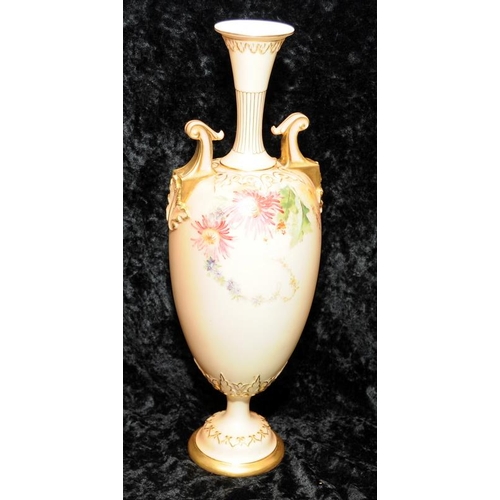 43 - Antique Royal Worcester gilded blush ivory tall urn with long neck, hand painted floral decoration, ... 