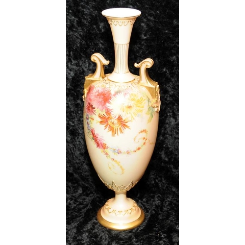 43 - Antique Royal Worcester gilded blush ivory tall urn with long neck, hand painted floral decoration, ... 