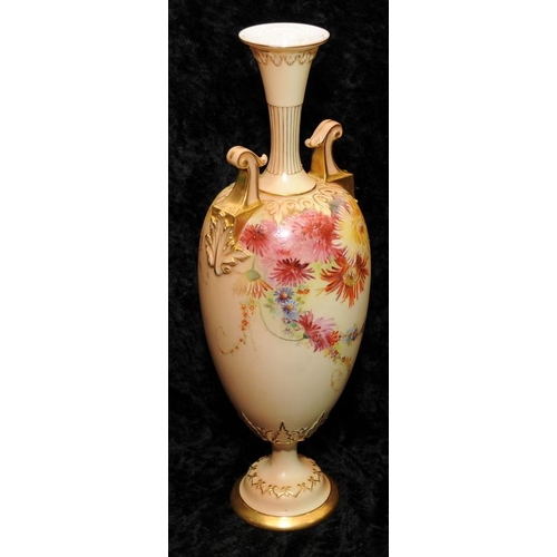 43 - Antique Royal Worcester gilded blush ivory tall urn with long neck, hand painted floral decoration, ... 