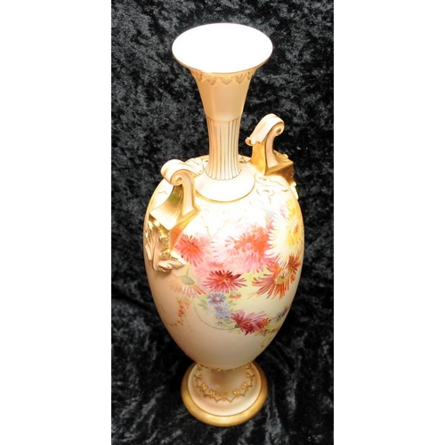 43 - Antique Royal Worcester gilded blush ivory tall urn with long neck, hand painted floral decoration, ... 