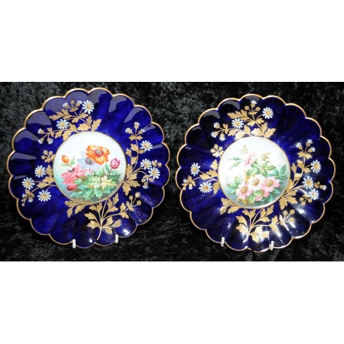 79 - Five antique Davenport Longport cobalt blue scalloped edge cabinet plates with centre hand painted f... 