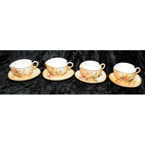 86 - Set of 4 antique Royal Worcester gilded blush ivory heart shaped cups and saucers with hand painted ... 