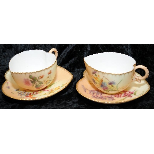 86 - Set of 4 antique Royal Worcester gilded blush ivory heart shaped cups and saucers with hand painted ... 