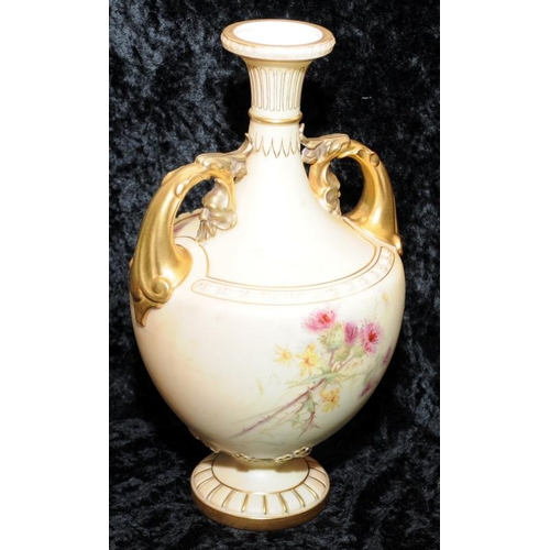 80 - Antique Royal Worcester gilded blush ivory tall twin handled urn with hand painted floral decoration... 