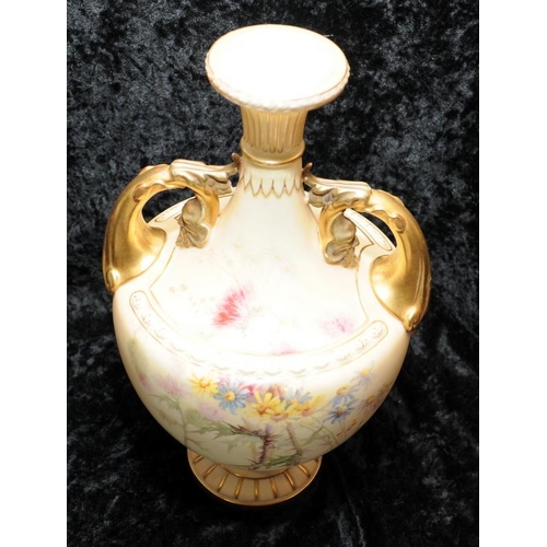 80 - Antique Royal Worcester gilded blush ivory tall twin handled urn with hand painted floral decoration... 