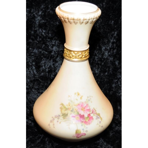 83 - Antique Royal Worcester gilded blush ivory large bulbous base vase with hand painted floral decorati... 