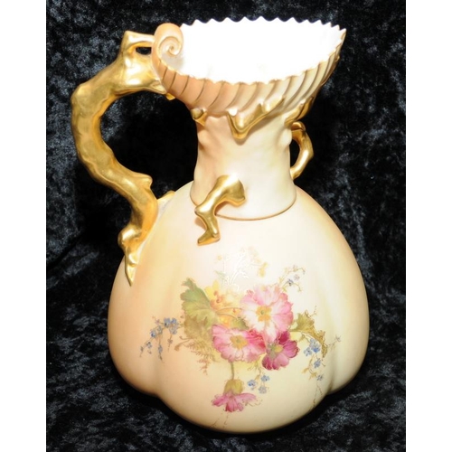 84 - Antique Royal Worcester gilded blush ivory large gourd shaped single handled jug or ewer with hand p... 