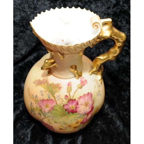 84 - Antique Royal Worcester gilded blush ivory large gourd shaped single handled jug or ewer with hand p... 