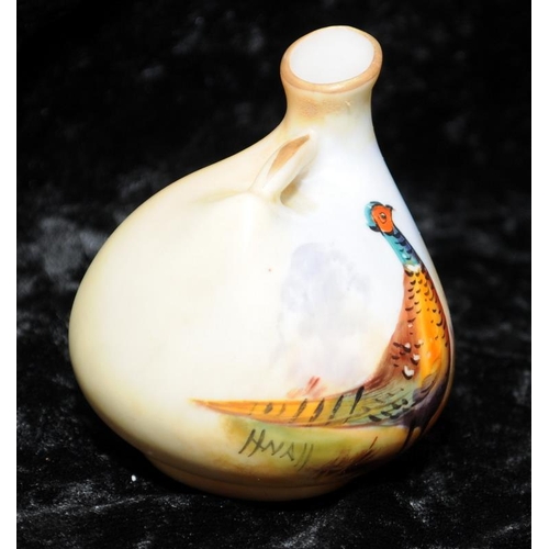 39 - Antique Locke & Co Worcester hand painted miniature ewer depicting a pheasant signed by H Wall. 5.5c... 