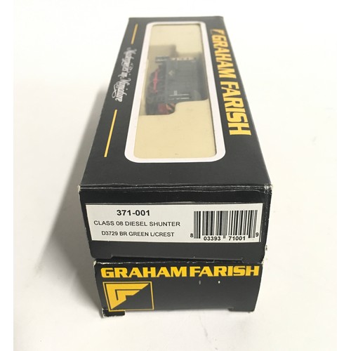 136 - 2 x Graham Farish N Gauge Diesel Shunters: 371-001 Class 08 D3729 BR Green and 1007 Class 08 08493 B... 