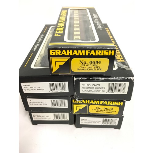 127 - 7 x assorted Graham Farish N Gauge Chocolate and Cream coaches, boxed.