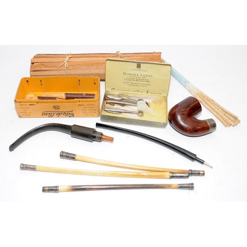 249 - A collection of vintage pipe smoking paraphernalia to include bone, quill and cherry wood stems, a s... 