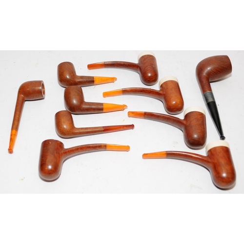 251 - Collection of vintage briar pipes with amber mouthpieces, includes a silver collar example and a num... 