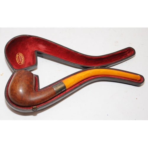 262 - Quality antique J Taylor, Manchester pipe with hallmarked silver collar and long curved butterscotch... 