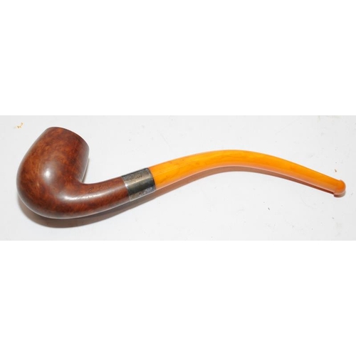 262 - Quality antique J Taylor, Manchester pipe with hallmarked silver collar and long curved butterscotch... 