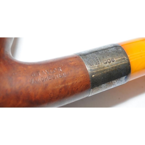 262 - Quality antique J Taylor, Manchester pipe with hallmarked silver collar and long curved butterscotch... 