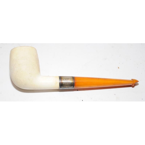 254 - Quality antique K&P Peterson's pipe with clay bowl, hallmarked silver collar and butterscotch amber ... 