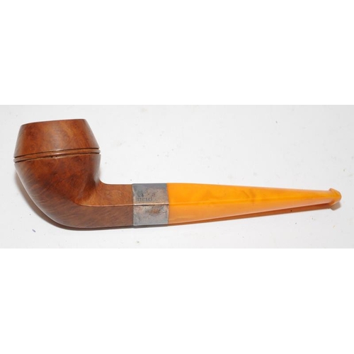 258 - Quality antique Loewe & Co pipe with hallmarked silver collar and butterscotch amber stem. Presented... 