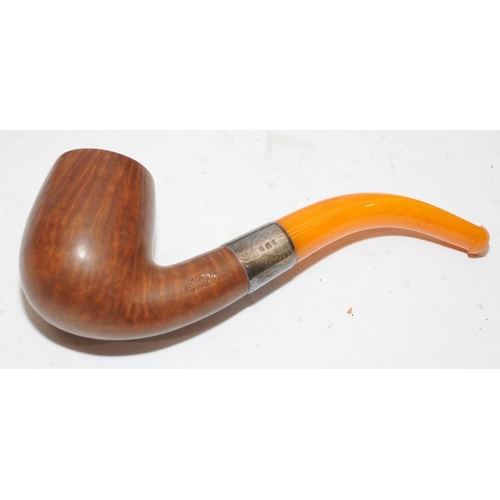 253 - Quality antique Barling's pipe with hallmarked silver collar and curved butterscotch amber stem. Pre... 