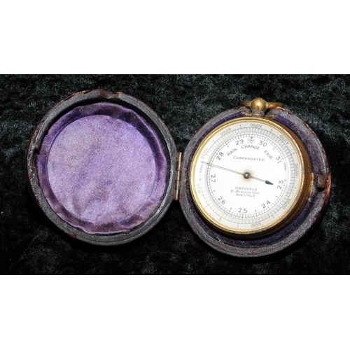 107 - Antique pocket barometer. Redfern's of Sheffield. Tested and working