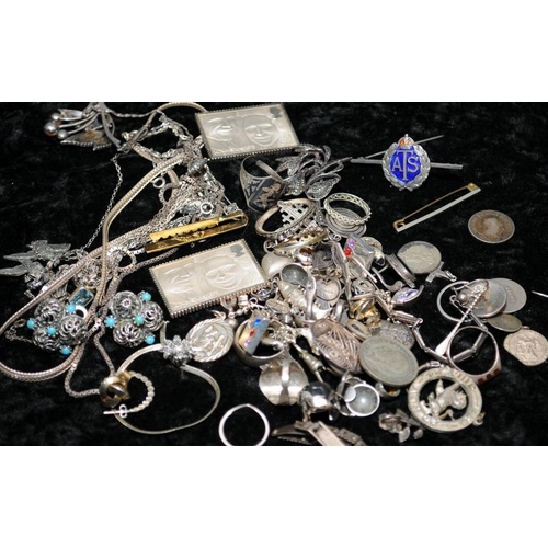 322 - Collection of mixed silver jewellery and coins. Approx 310g total weight