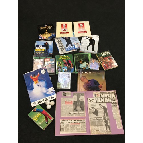 205 - Collection of golfing memorabilia relating to Seve Ballesteros. Includes newspaper articles, books, ... 