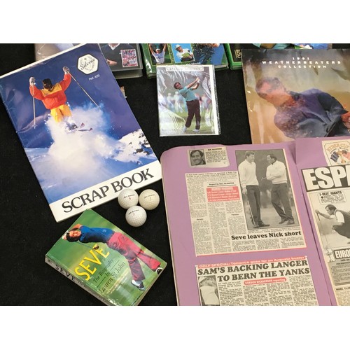 205 - Collection of golfing memorabilia relating to Seve Ballesteros. Includes newspaper articles, books, ... 