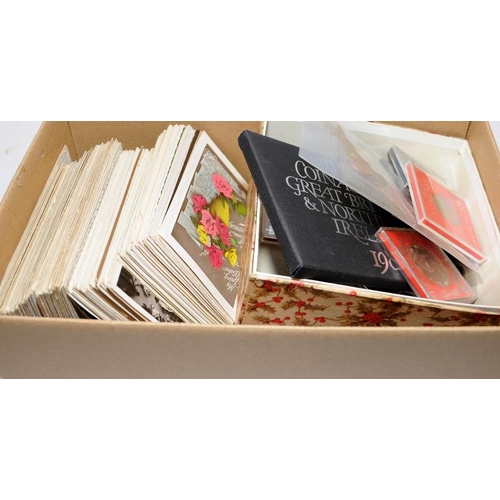 207 - Box of collectible coins, postcards and early photographs. (8)