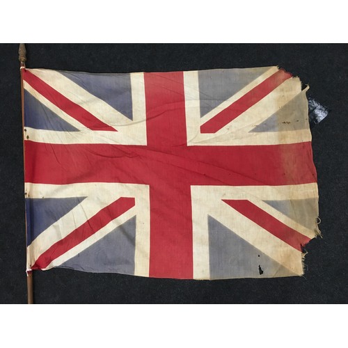 294 - Vintage flag pole with weathered Union Jack flag attached. Pole 189cm long, flag 110x80cm.